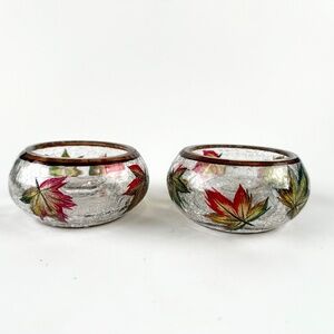 Pair Yankee Candle votive candle holders,fall leaves,crackled glass